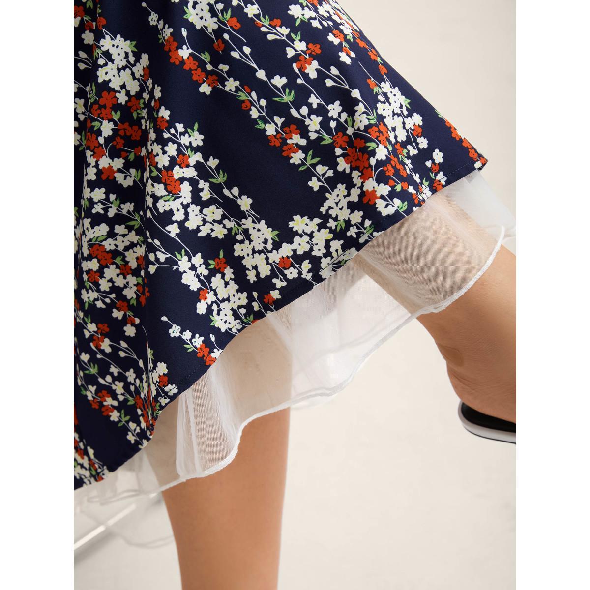 Plus Size Ditsy Floral Print Lace Hem Midi Dress Indigo Women Square Neck Sleeveless Curvy BloomChic 14-16/1X Product Image