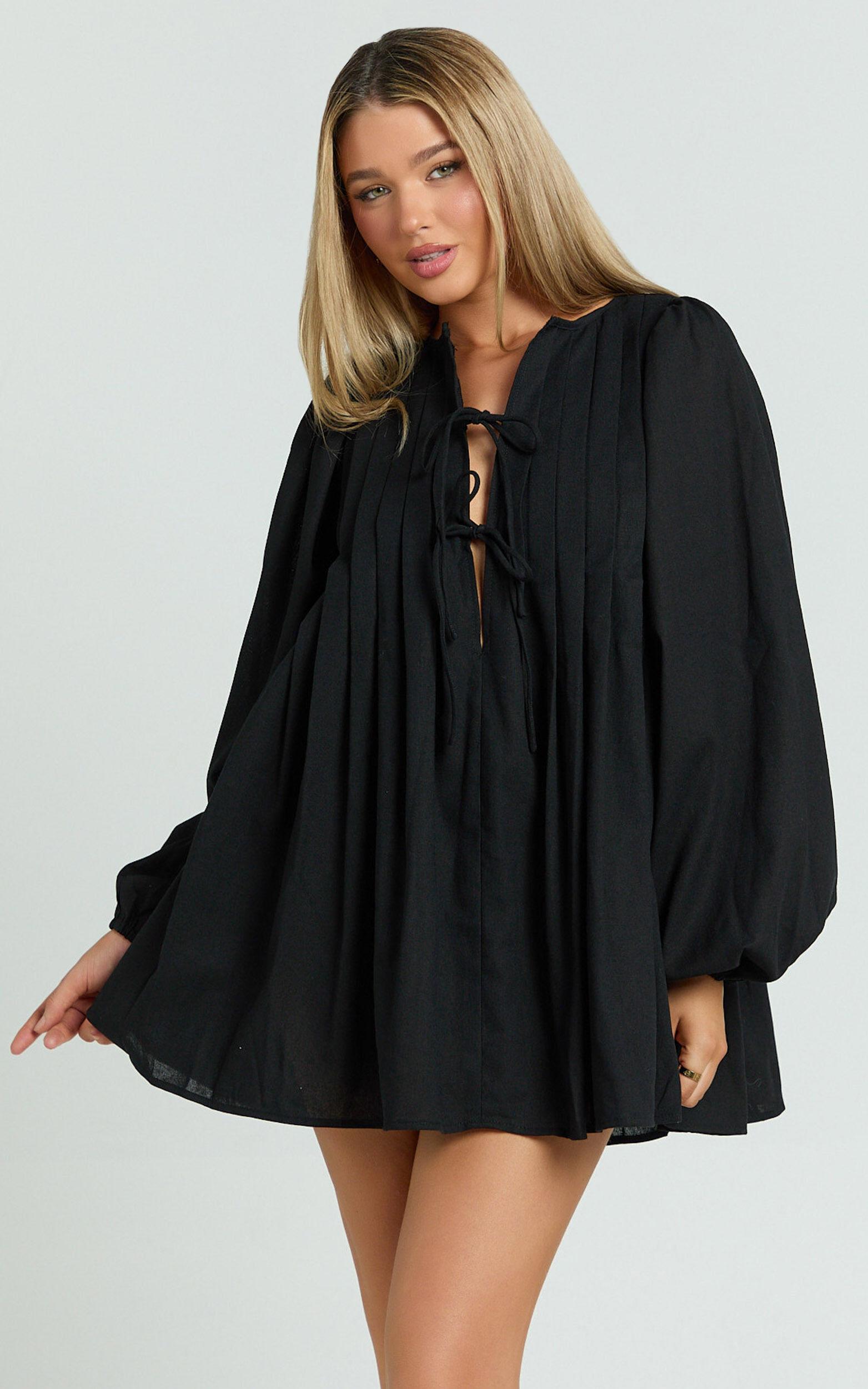 Suzette Mini Dress - High Neck Tie Front Long Sleeve Pleat Front Babydoll Dress in Black Product Image