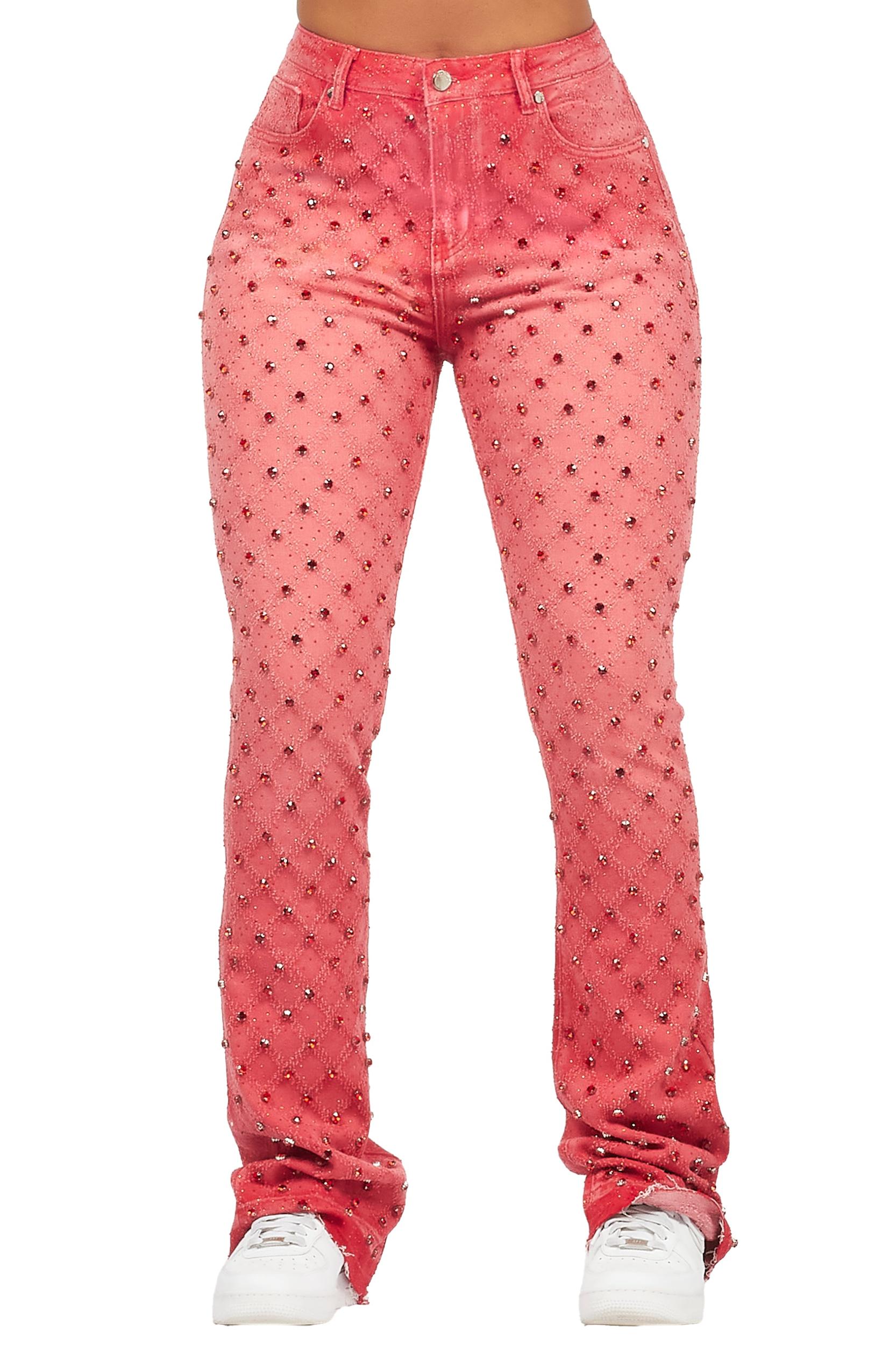 Sareka Red Rhinestone Stacked Flare Jean Female Product Image