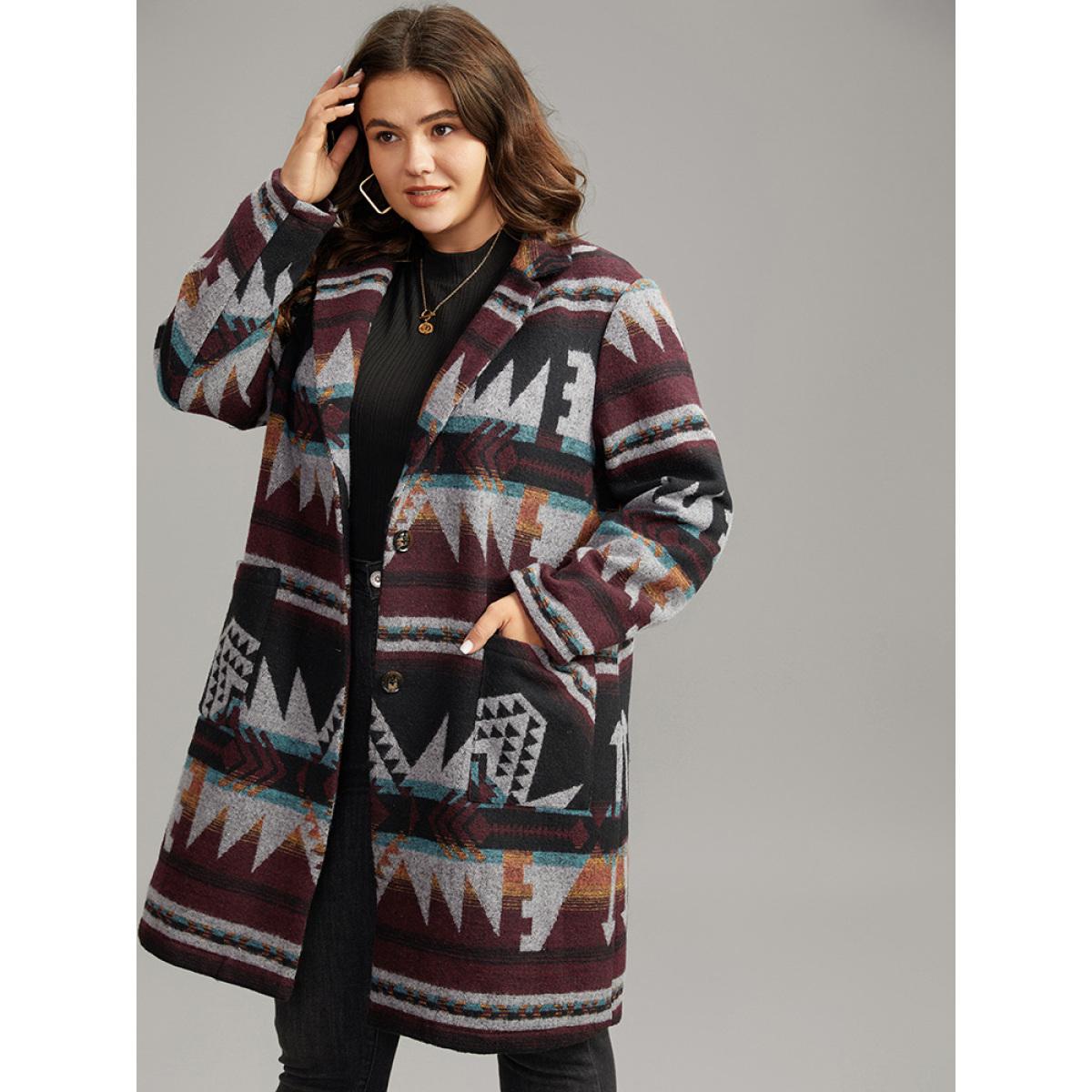 Plus Size Geometric Button Up Lapel Collar Coat Women DarkBrown Casual Printed Ladies Dailywear Winter Coats BloomChic 10/M Product Image