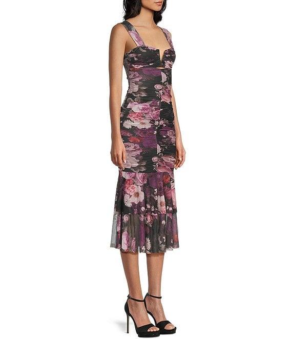 Honey and Rosie Floral Printed Mesh V-Notch Neck Ruffle Hem Midi Dress Product Image