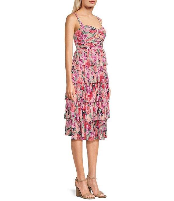 Honey and Rosie Pleated Floral Print Sleeveless Sweetheart Neck Keyhole Tiered Dress Product Image