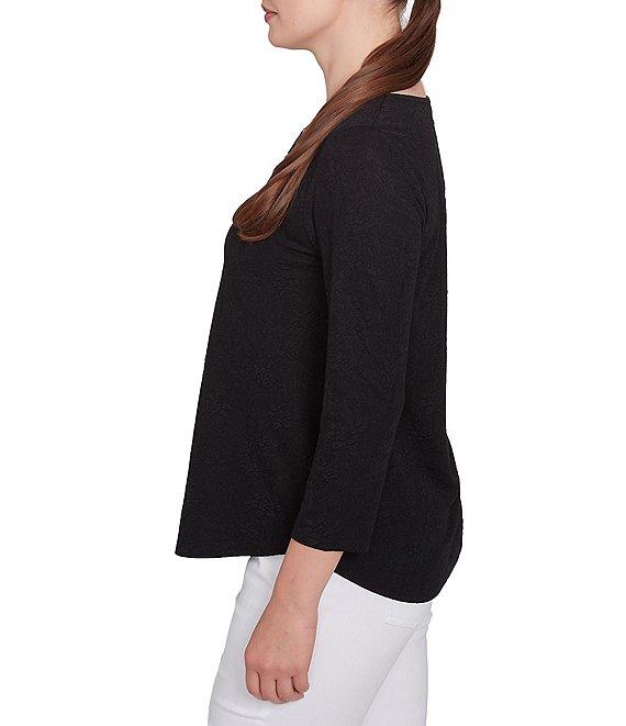 Ruby Rd. Petite Size Solid Paisley Floral Textured Knit Double Bar Detail Top Product Image