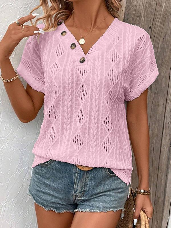 Loose Short Sleeves Buttoned Solid Color V-Neck T-Shirts Tops Product Image