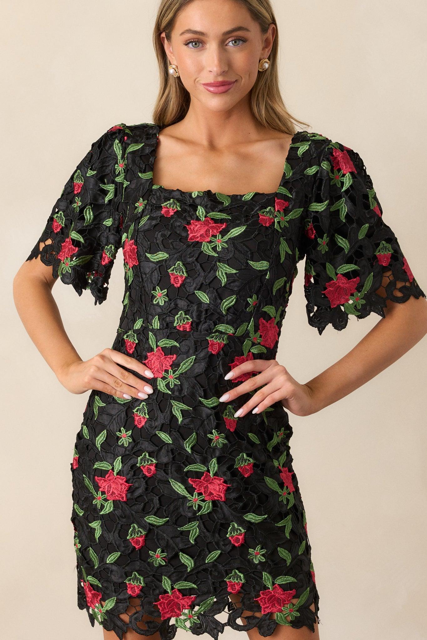 Rosebud Dreams Black Lace Embroidered Mini Dress Product Image