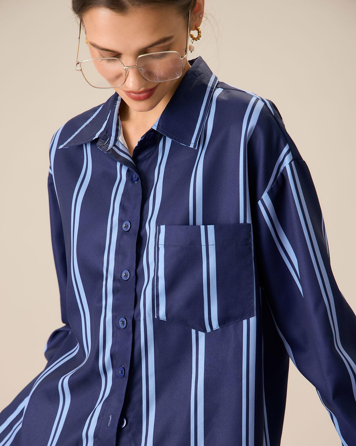 Women's Navy Striped Pocket Shirt Female Product Image