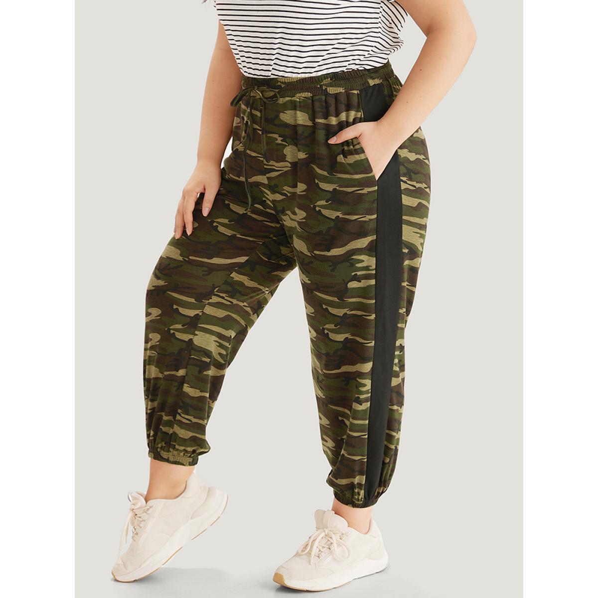 Camo Print Drawstring Pocket Patchwork Sweatpants Multicolor Plus Size Women Casual Dailywear Patchwork 22-24/3X Bloomchic Product Image