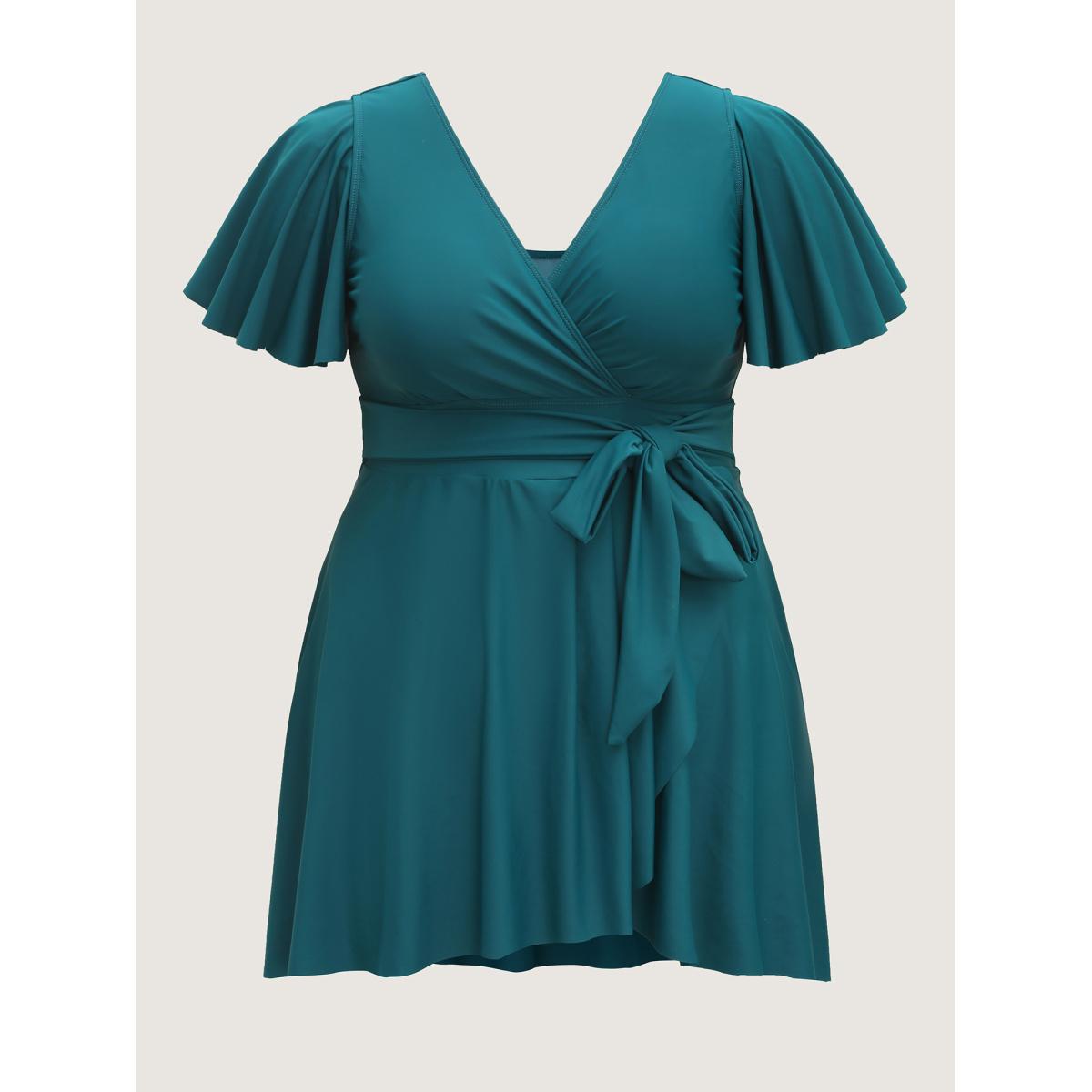 Plus Size Belted Lotus Leaf Sleeve Swim Dress Women's Swimwear Teal Beach Bodycon Overlap Collar High stretch Curve Swim Dresses BloomChic 28/5X Product Image