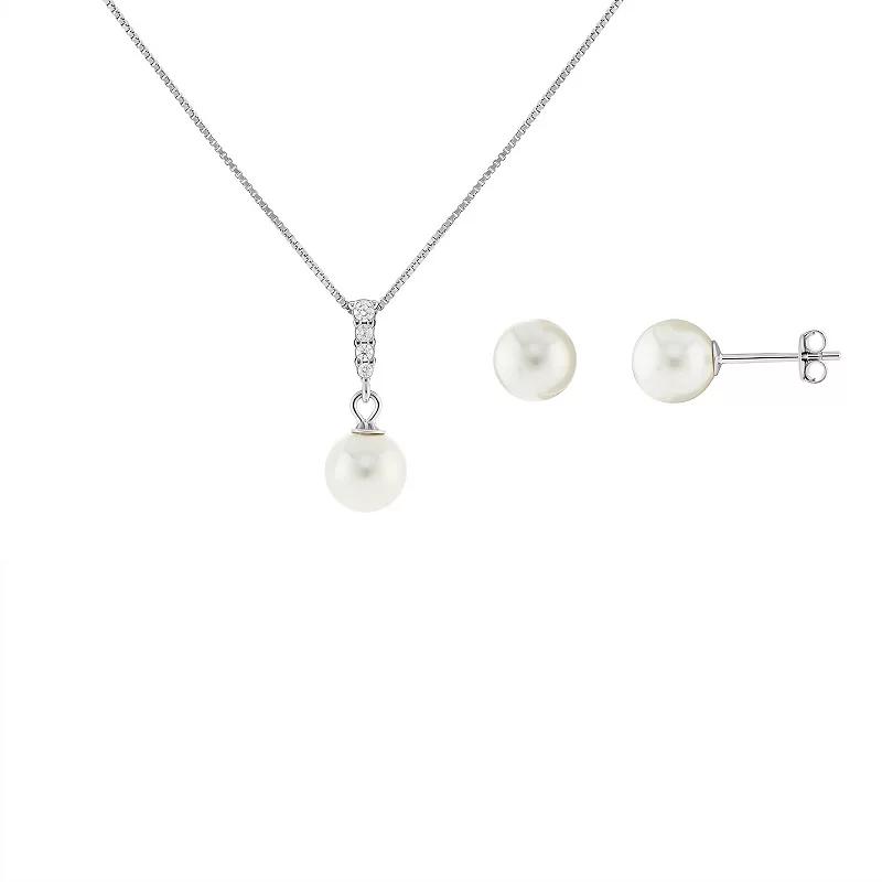 PRIMROSE Sterling Silver Simulated Pearl & Cubic Zirconia Pendant Necklace & Stud Earrings Set, Women's, Size: 18", Sterling Silver White Product Image