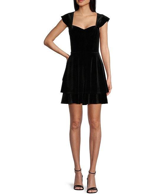 Next Up Velvet Sweetheart Neck Cap Sleeve Twist Back Cut Out Double Tiered Dress Product Image