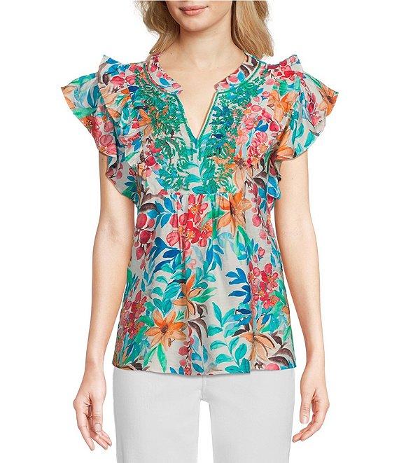 Calessa Italian Floral Split V-Neck Ruffle Cap Sleeve Top Product Image