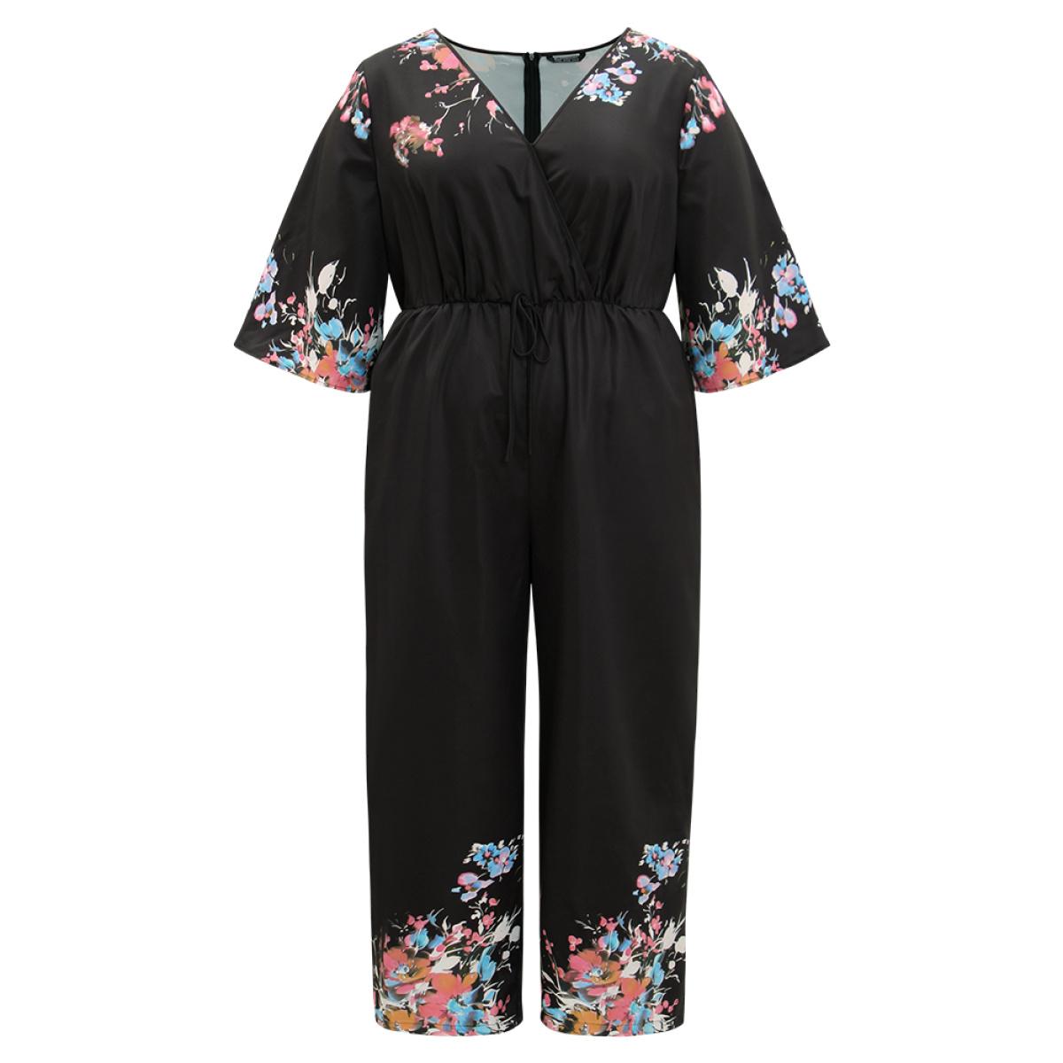 Plus Size Black Boho Print Drawstring Pocket Flutter Sleeve Jumpsuit Women Elegant Elbow-length sleeve V-neck Everyday Loose Jumpsuits BloomChic 10/M Product Image