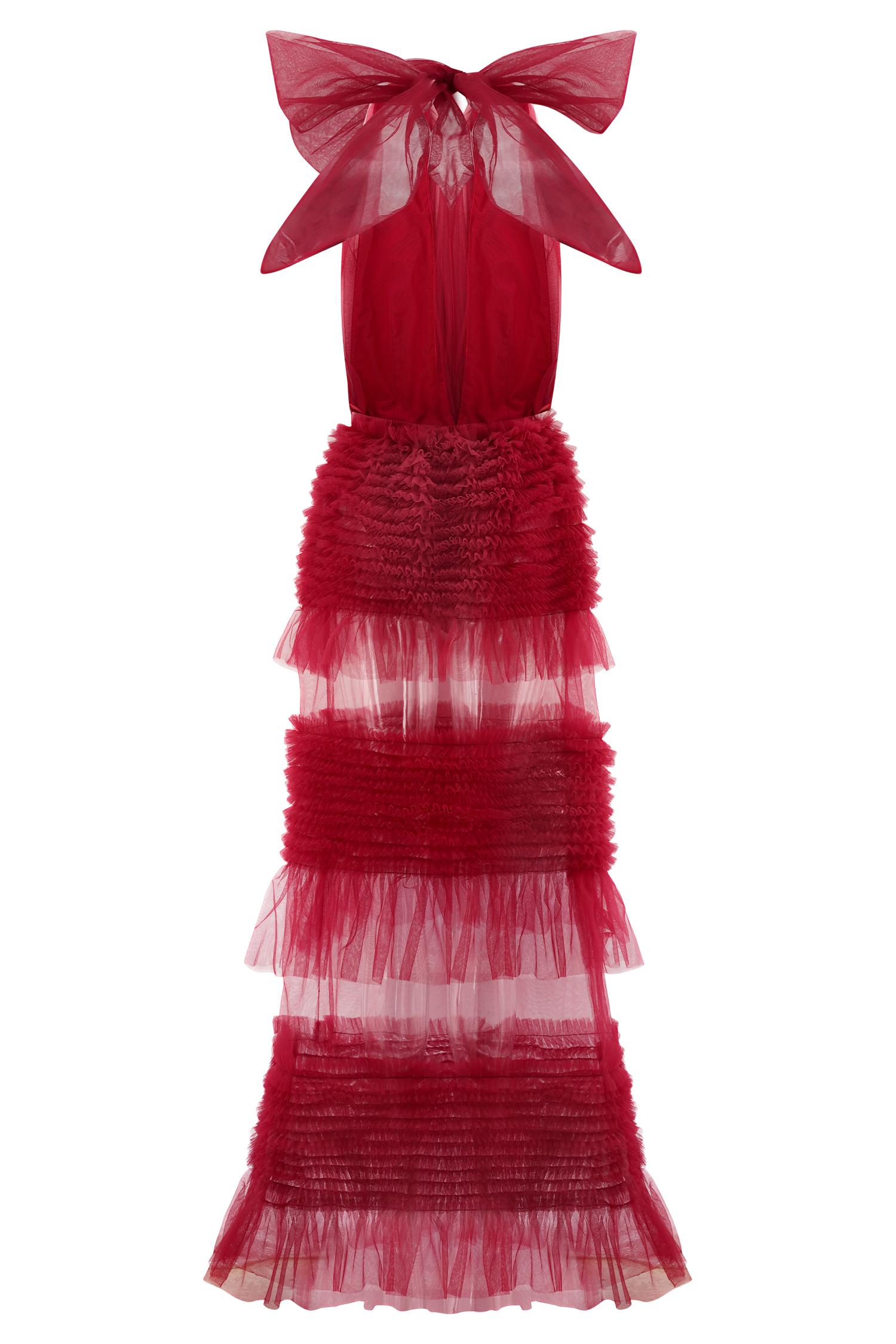 Minka Mesh Ruffle Halter Maxi Dress - Red Product Image