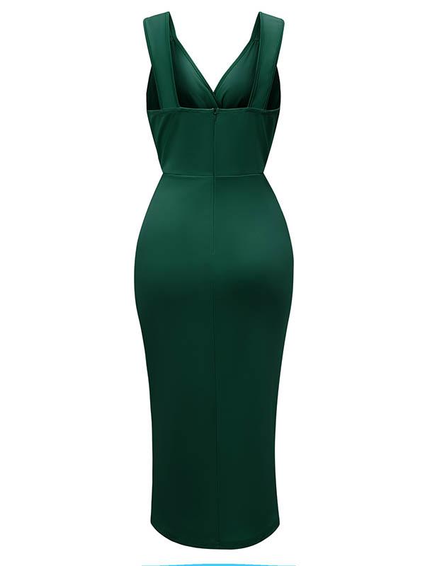Bodycon Sleeveless Pleated Solid Color Split-front Zipper V-neck Midi Dresses Product Image