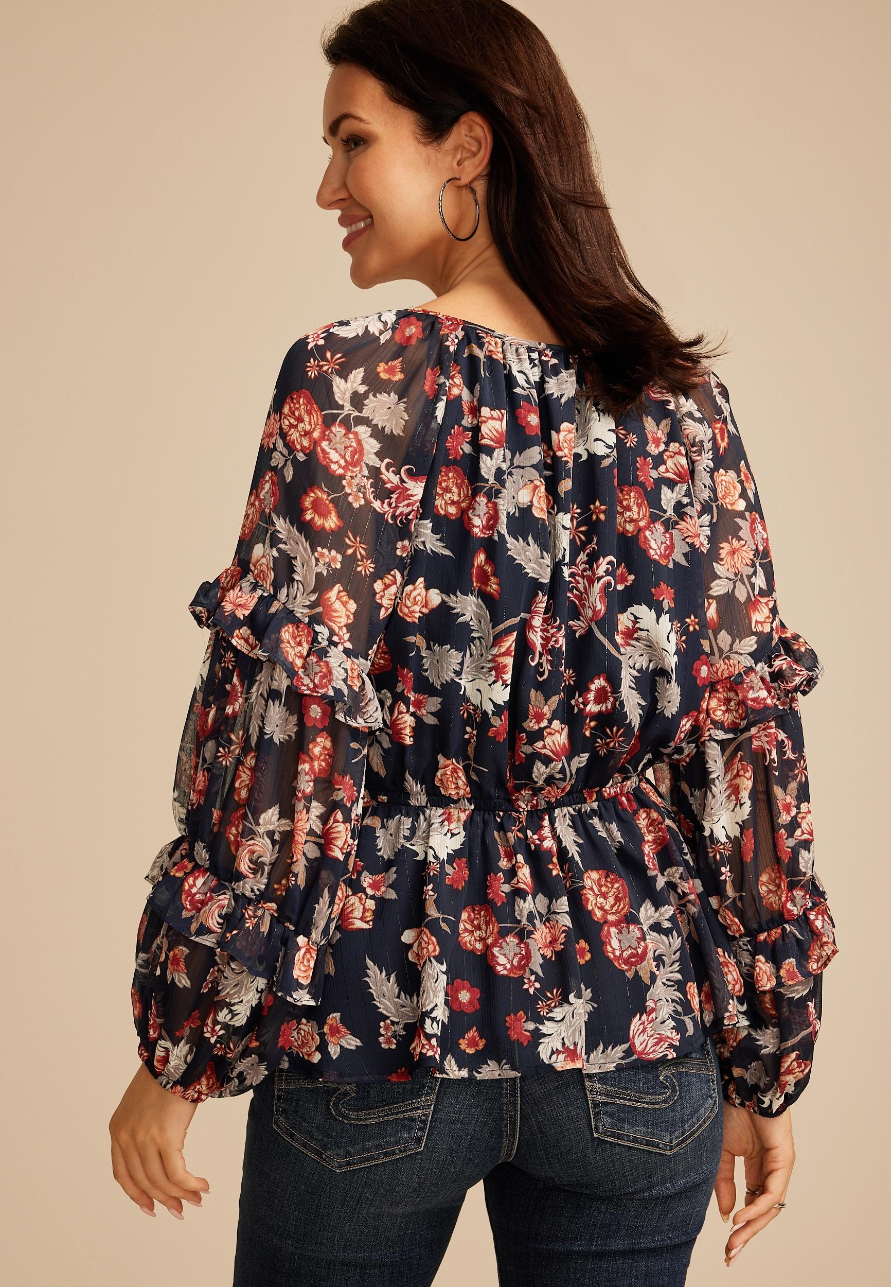 Sheer Floral Tiered Sleeve Blouse  Product Image