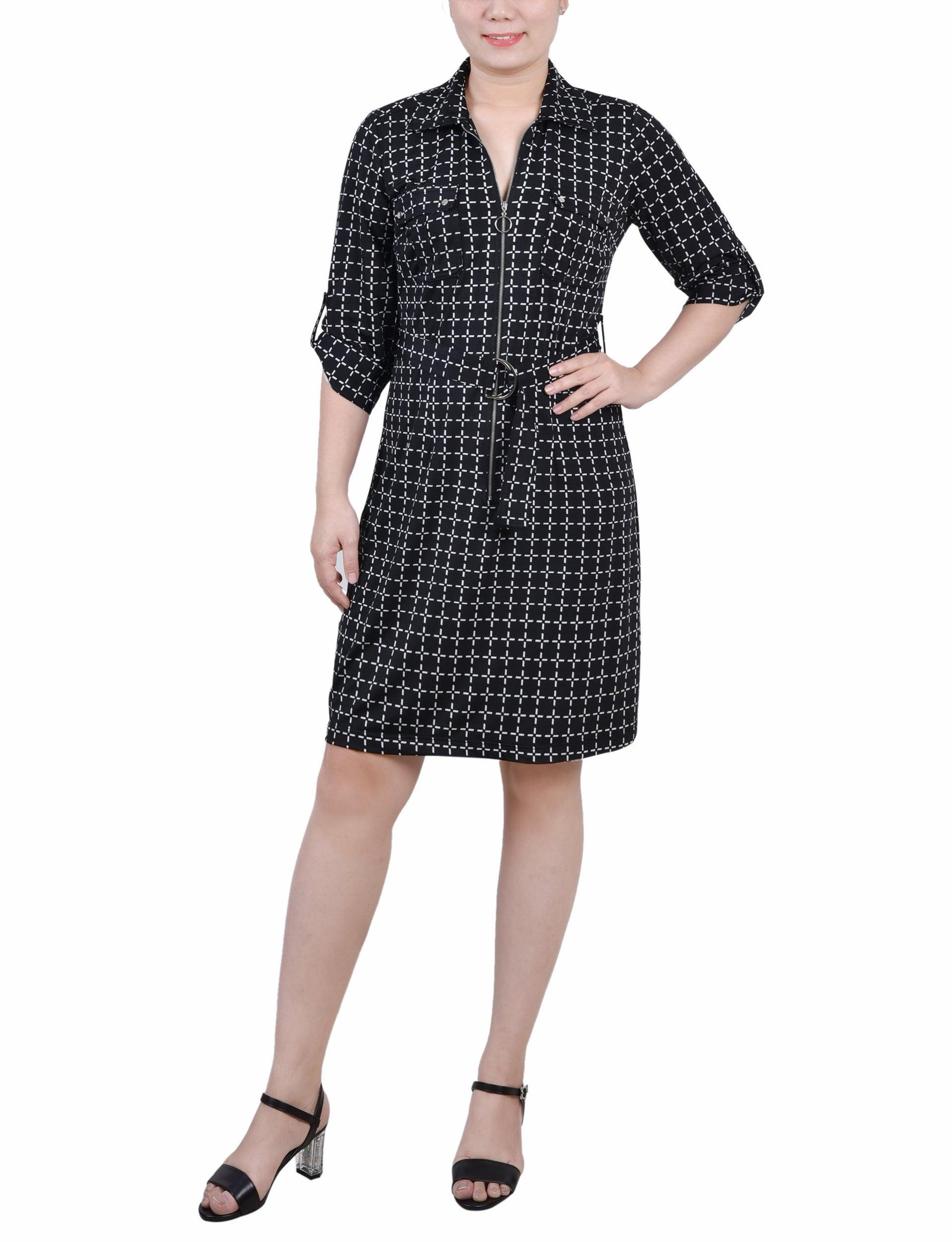 Black White Gridview Belted Roll Tab Zip Front Shirtdress - Petite Product Image