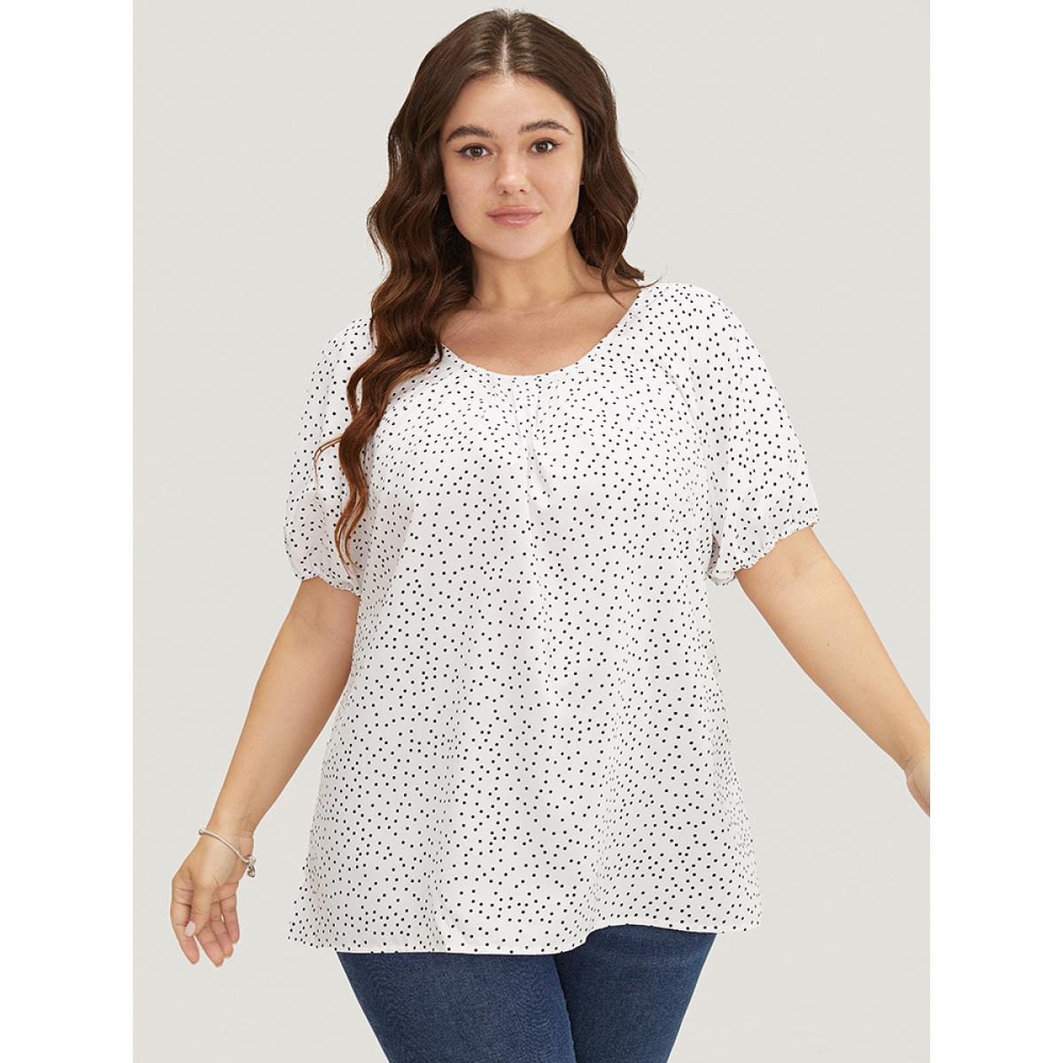 Plus Size White Polka Dot Pleated Round Neck Puff Sleeve Blouse Women Office Short sleeve Round Neck Office Blouses BloomChic 26/4X Product Image