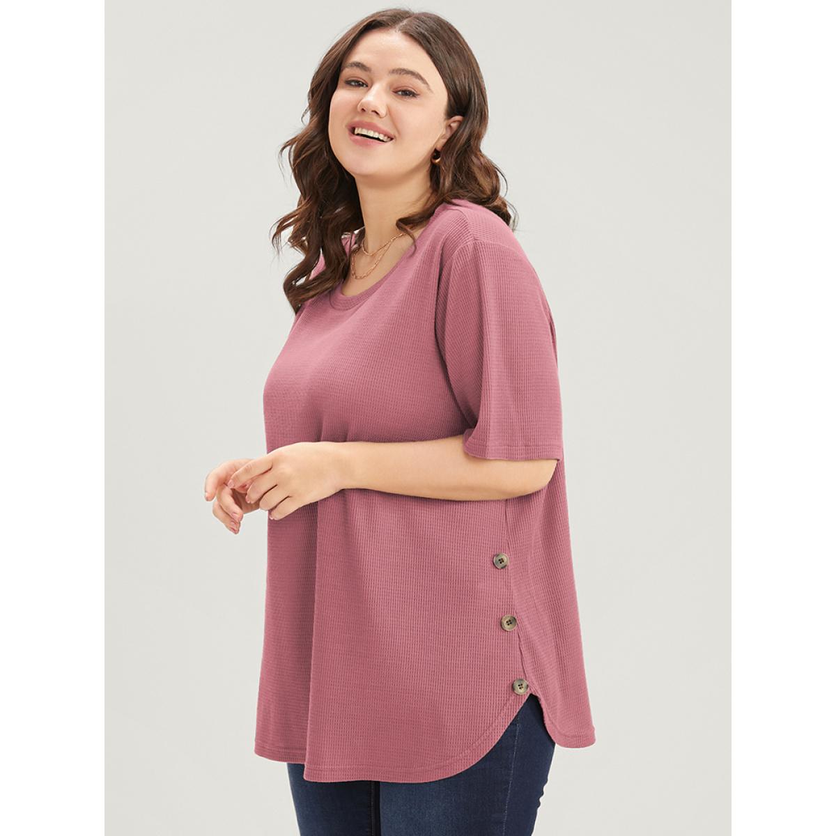 Plus Size Plain Round Neck Button Detail Waffle Knit Tee DustyPink Women Casual Button Plain Round Neck Dailywear T-shirts BloomChic 30/6X Product Image