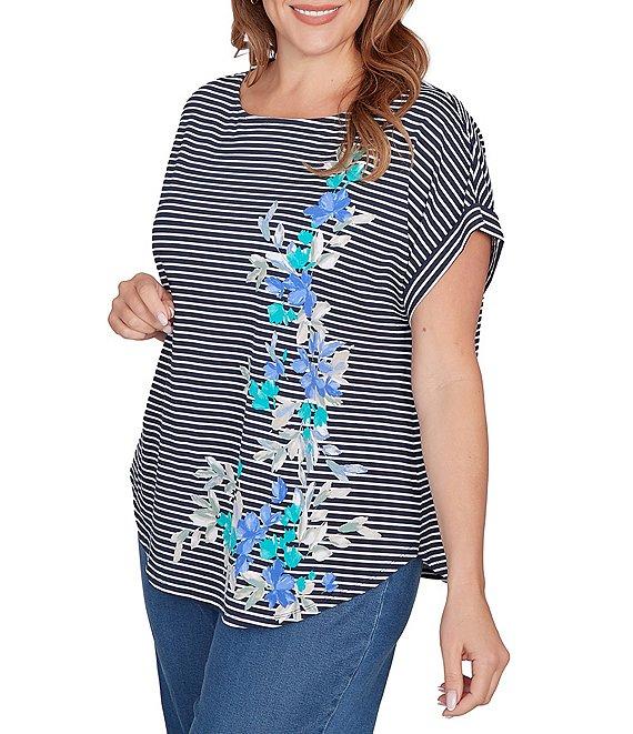Ruby Rd. Plus Size Soft Jersey Knit Floral Stripe Boat Neck Short Cuff Sleeve Top Product Image