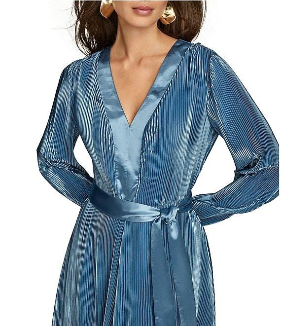 Donna Karan Satin V-Neck Long Sleeve Tie Sash Sheath Dress Product Image