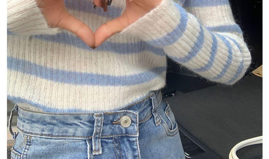 Crew Neck Striped Heart Cutout Sweater Product Image