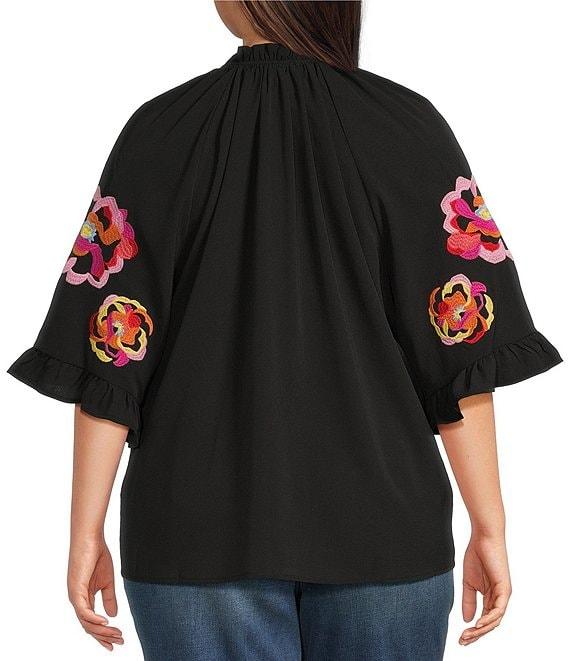 Calessa Plus Size Embroidered Patchwork Ruffle Split V-Neck 3/4 Sleeve Tunic Product Image