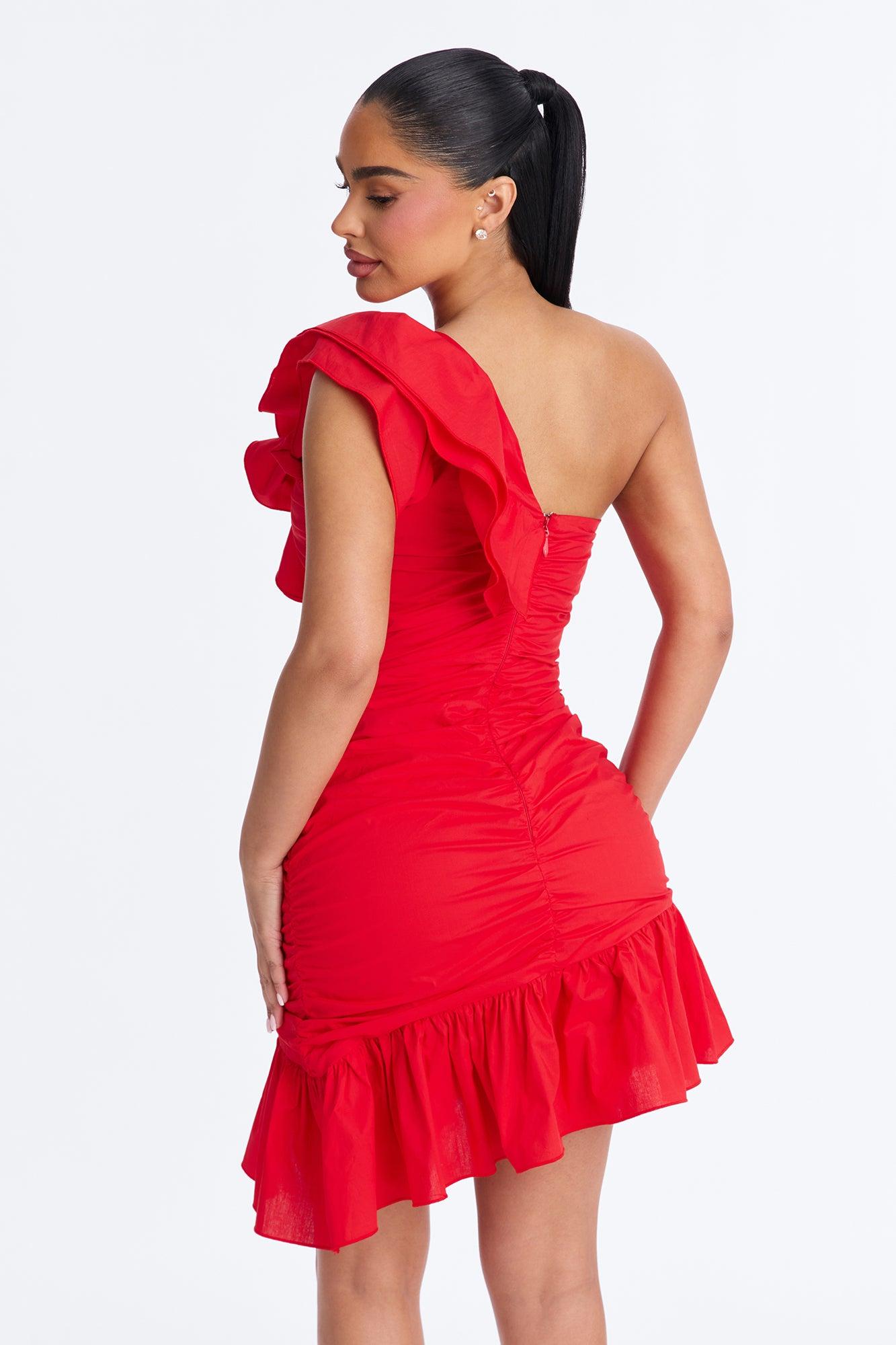 Elena Ruffle Mini Dress - Red Female Product Image