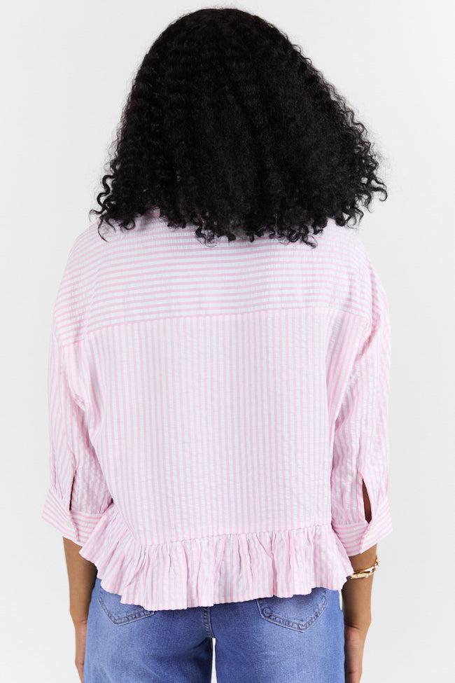 In Depth Pink Ruffle Hem Textured Stripe Button Down Top FINAL SALE Product Image