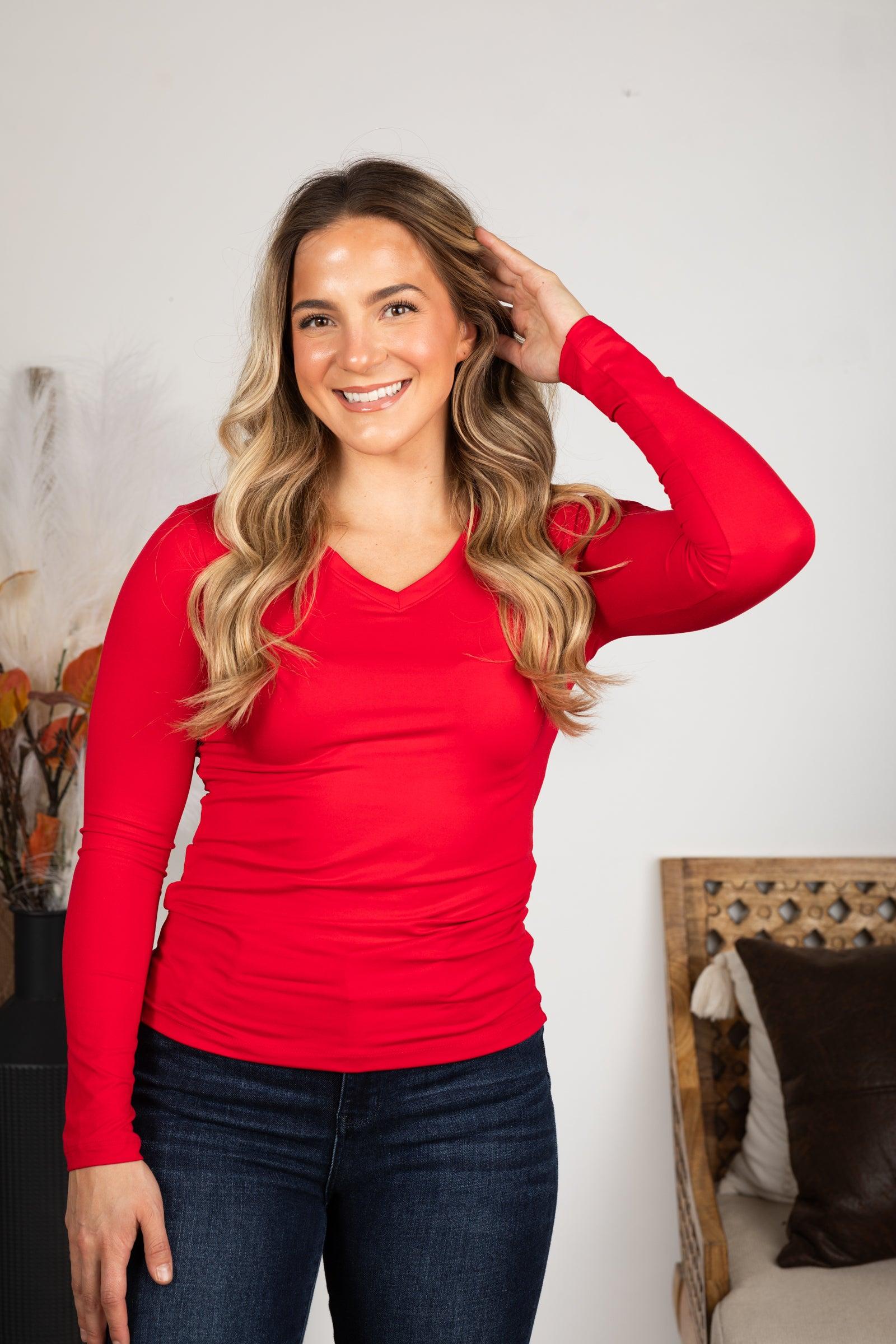 Brushed Microfiber Long Sleeve V-Neck Knit Top Product Image