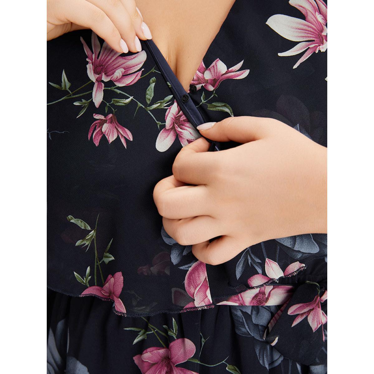 Plus Size Multicolor Floral Split Batwing Sleeve Wrap Mesh Belted Blouse Women Glamour Cap Sleeve Deep V-neck Going out Blouses BloomChic 28/5X Product Image