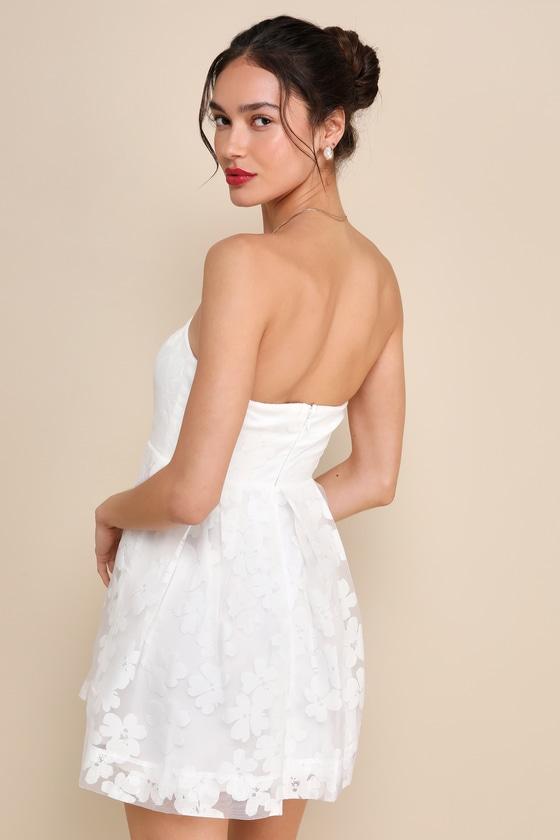Distinctly Flirty White Floral Burnout Strapless Mini Dress Product Image