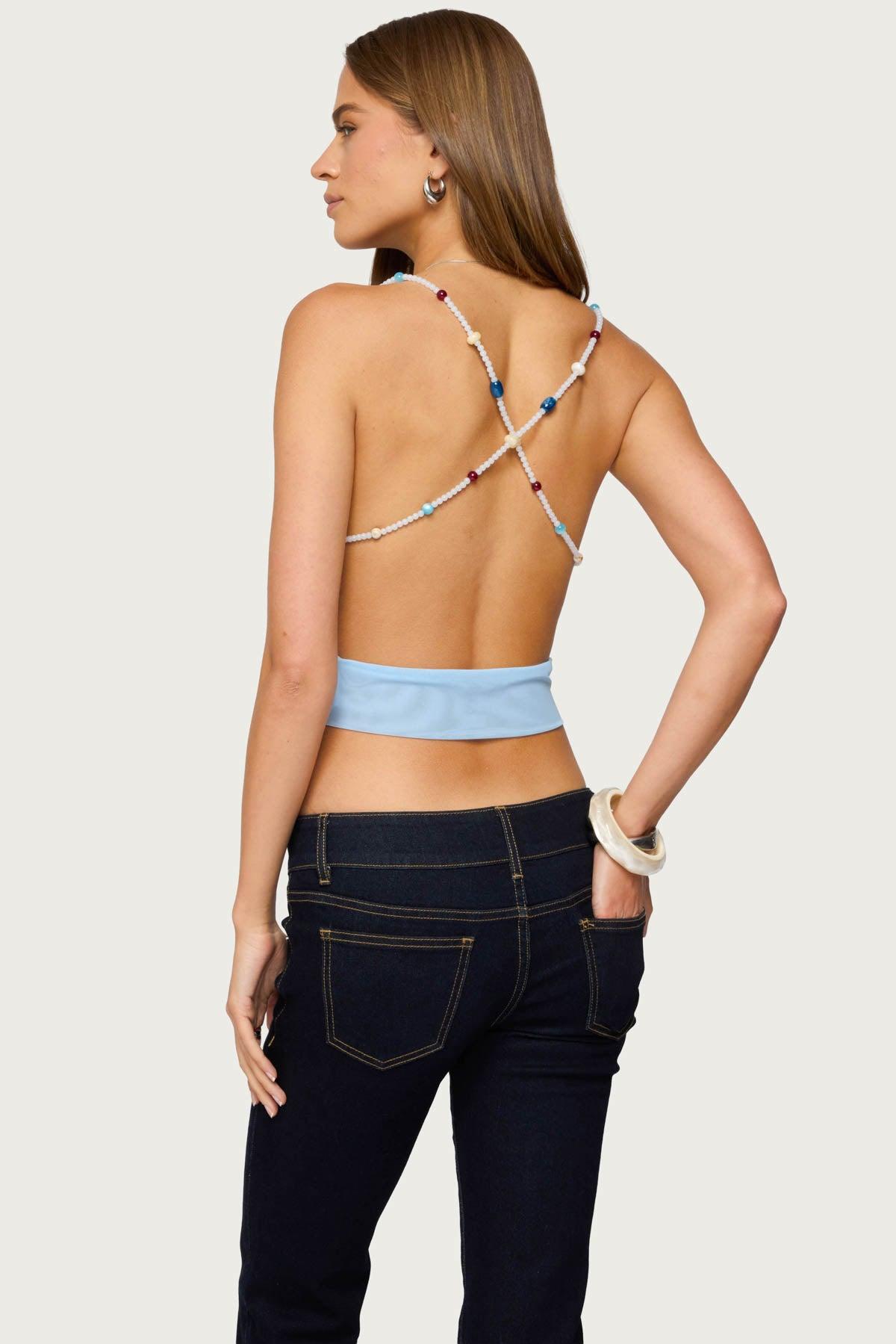 Beaded Deep Cowl Neck Backless Top Product Image