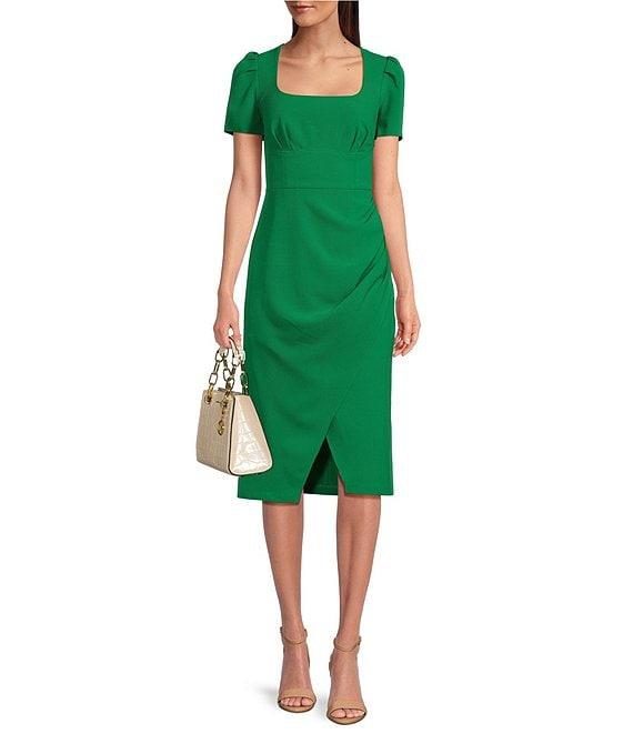 Julia Jordan Crepe Square Neck Short Sleeve Pleated Front Slit Knee Length Sheath Dress Product Image