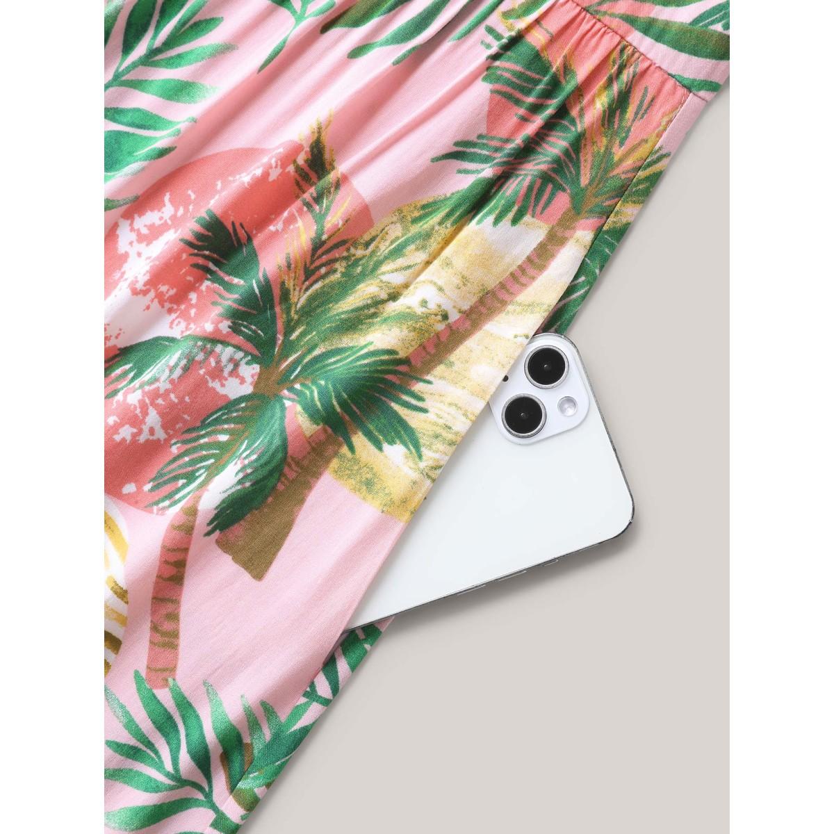 Plus Size Tropical Print Cinched-Waist Pockets Midi Dress Lightpink Women Round Neck Sleeveless Curvy BloomChic 22-24/3X Product Image