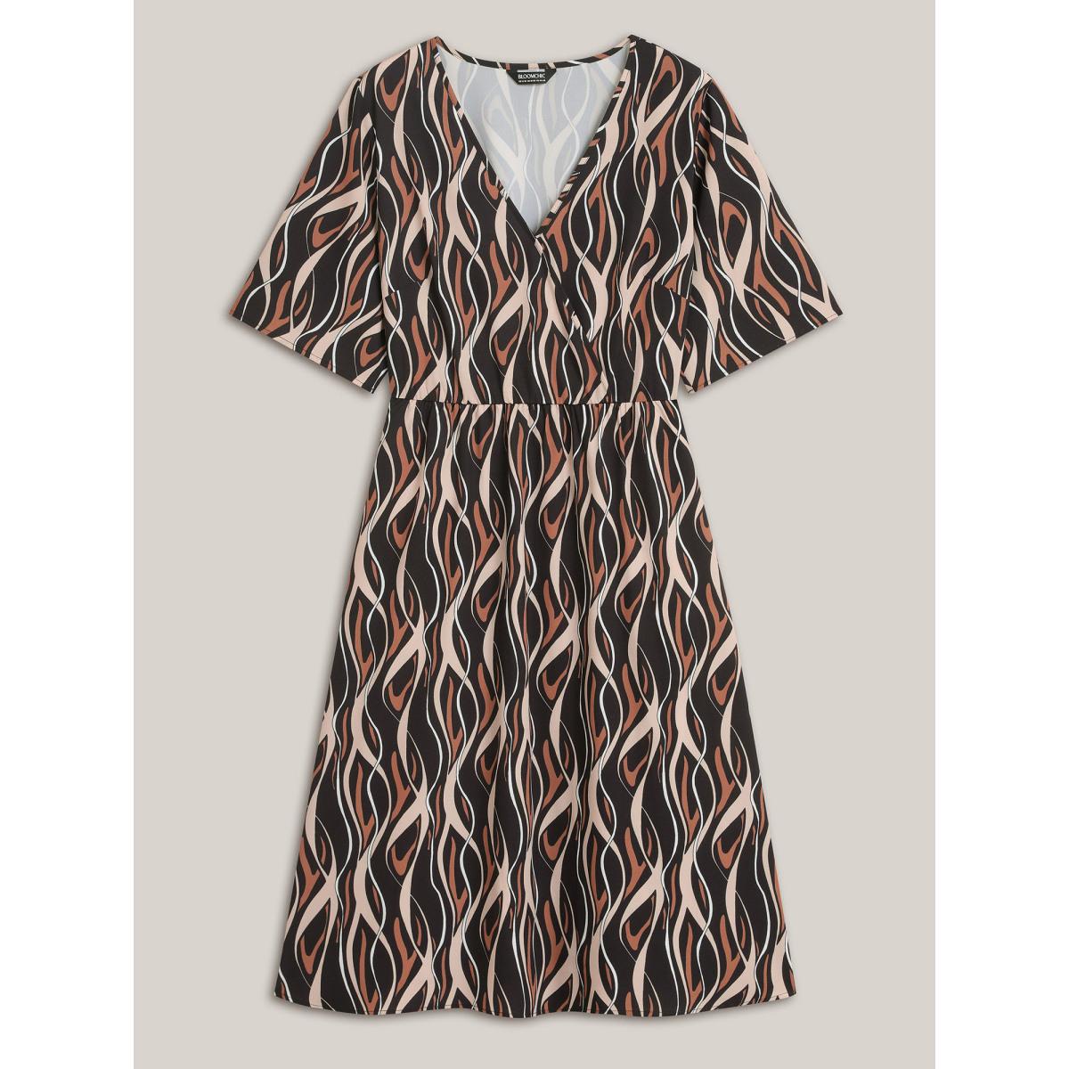 Plus Size Abstract Print Surplice Neck Pockets Midi Dress BlackFlower Women Elegant Non Overlap Collar Short sleeve Curvy BloomChic 14-16/1X Product Image