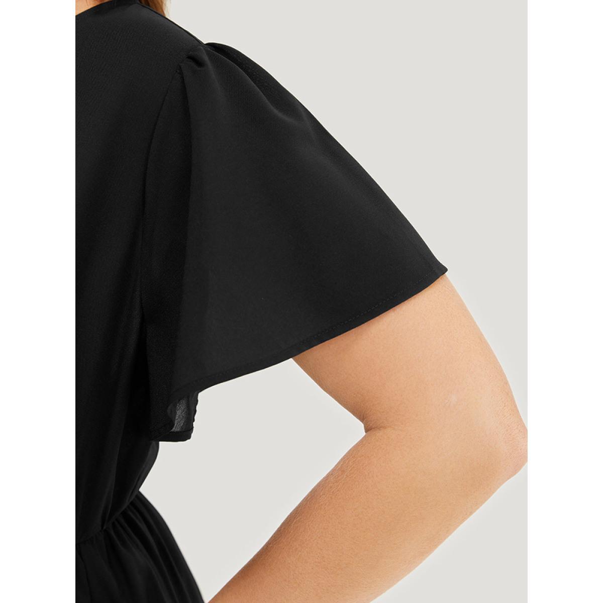 Plus Size Plain Wrap Pocket Scalloped Trim Laser Cut Flutter Dress Black Women Elegant Wrap V-neck Short sleeve Curvy Midi Dress BloomChic 12/L Product Image