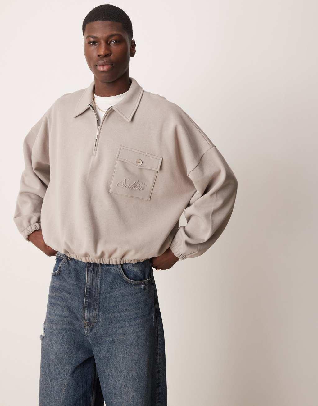 ASOS DESIGN oversized boxy polo sweater with embroidered pocket in latte Product Image