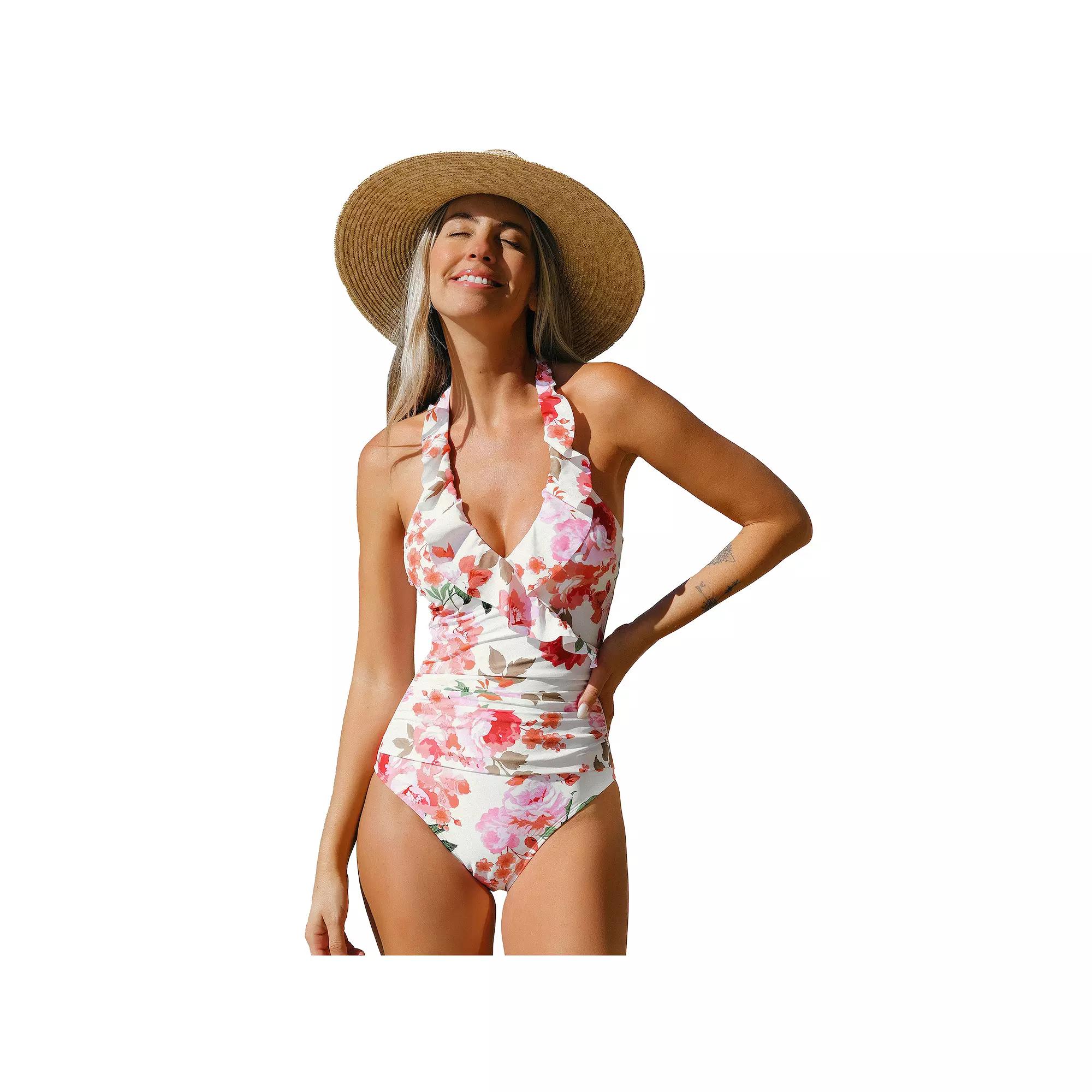 Cupshe Soft Bloom Tummy Control Halter Neck One-Piece Swim Suit, Women's, Size: Small, White Floral Product Image