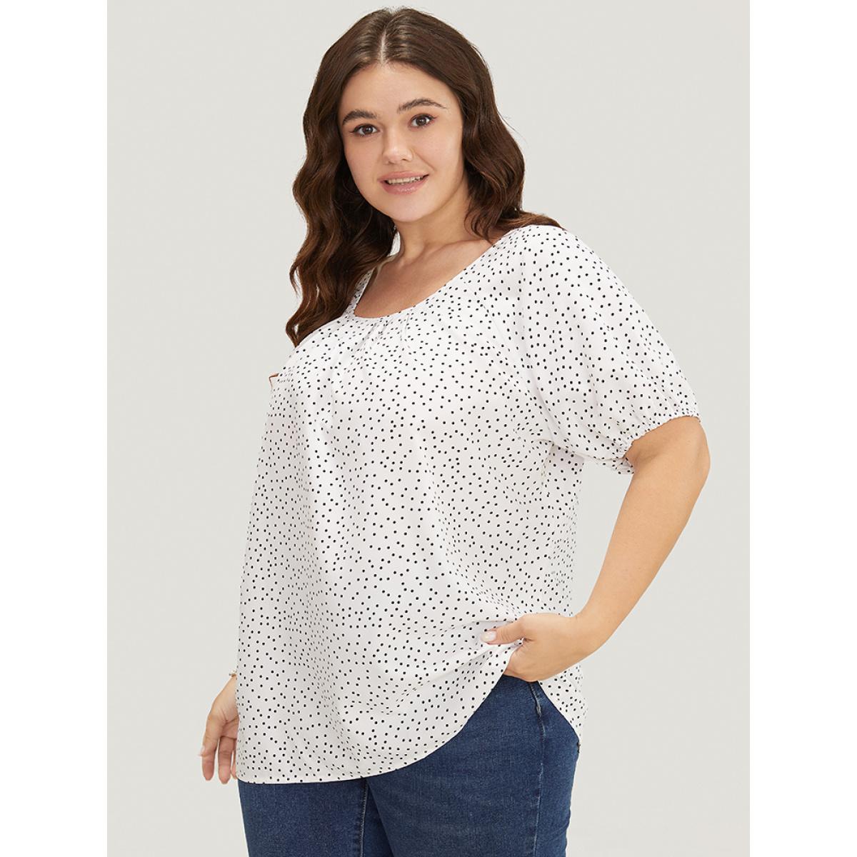 Plus Size White Polka Dot Pleated Round Neck Puff Sleeve Blouse Women Office Short sleeve Round Neck Office Blouses BloomChic 26/4X Product Image