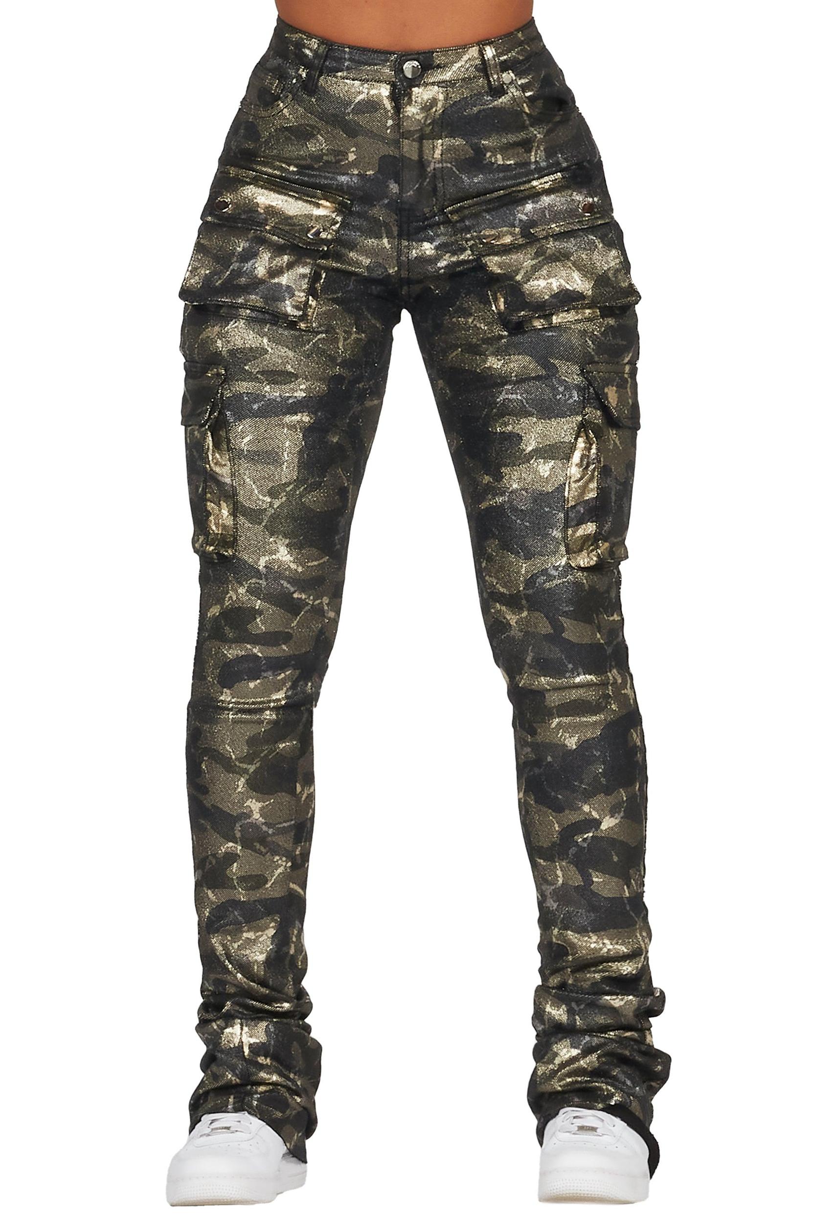 Miyah Green Camo Cargo Super Stacked PU Pant Female Product Image