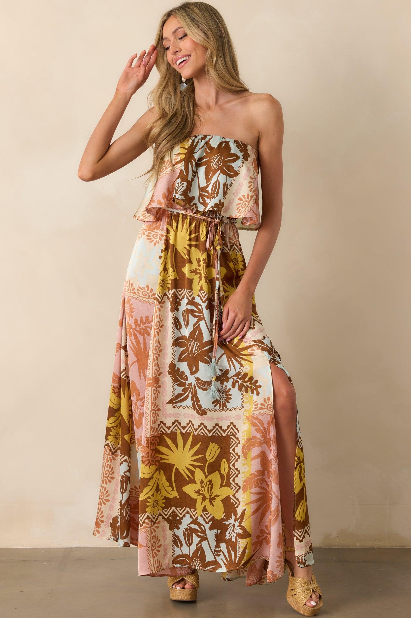 All Of The Time Pink Coral Patchwork Print Strapless Maxi Dress Product Image