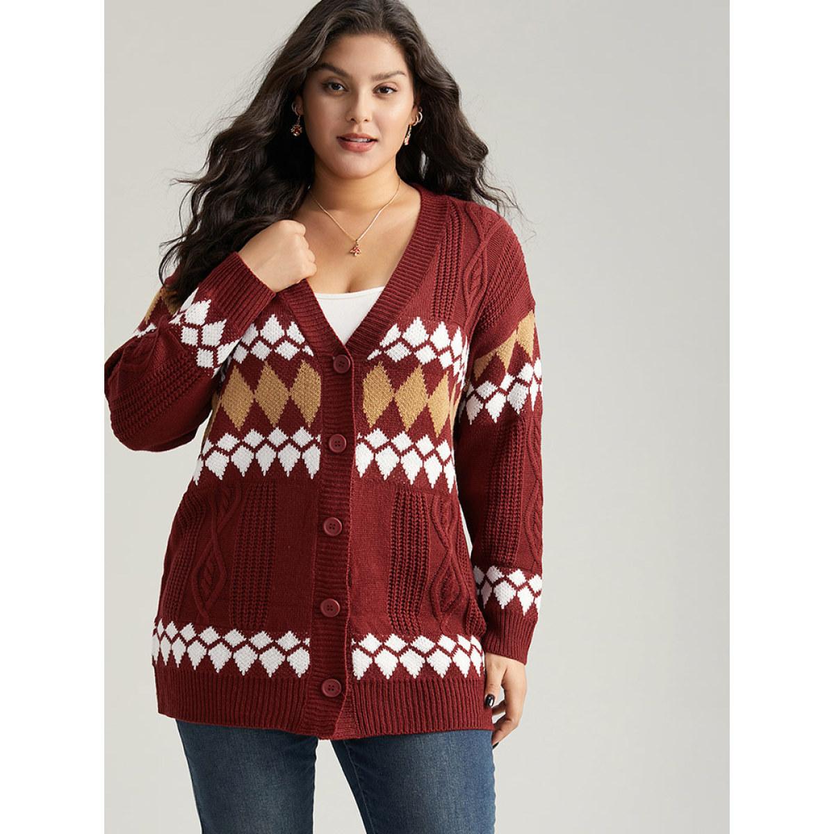 Plus Size Bandana Print Plisse Button Through Cardigan Multicolor Women Casual Loose Long Sleeve Festival-Christmas Cardigans BloomChic 22-24/3X Product Image