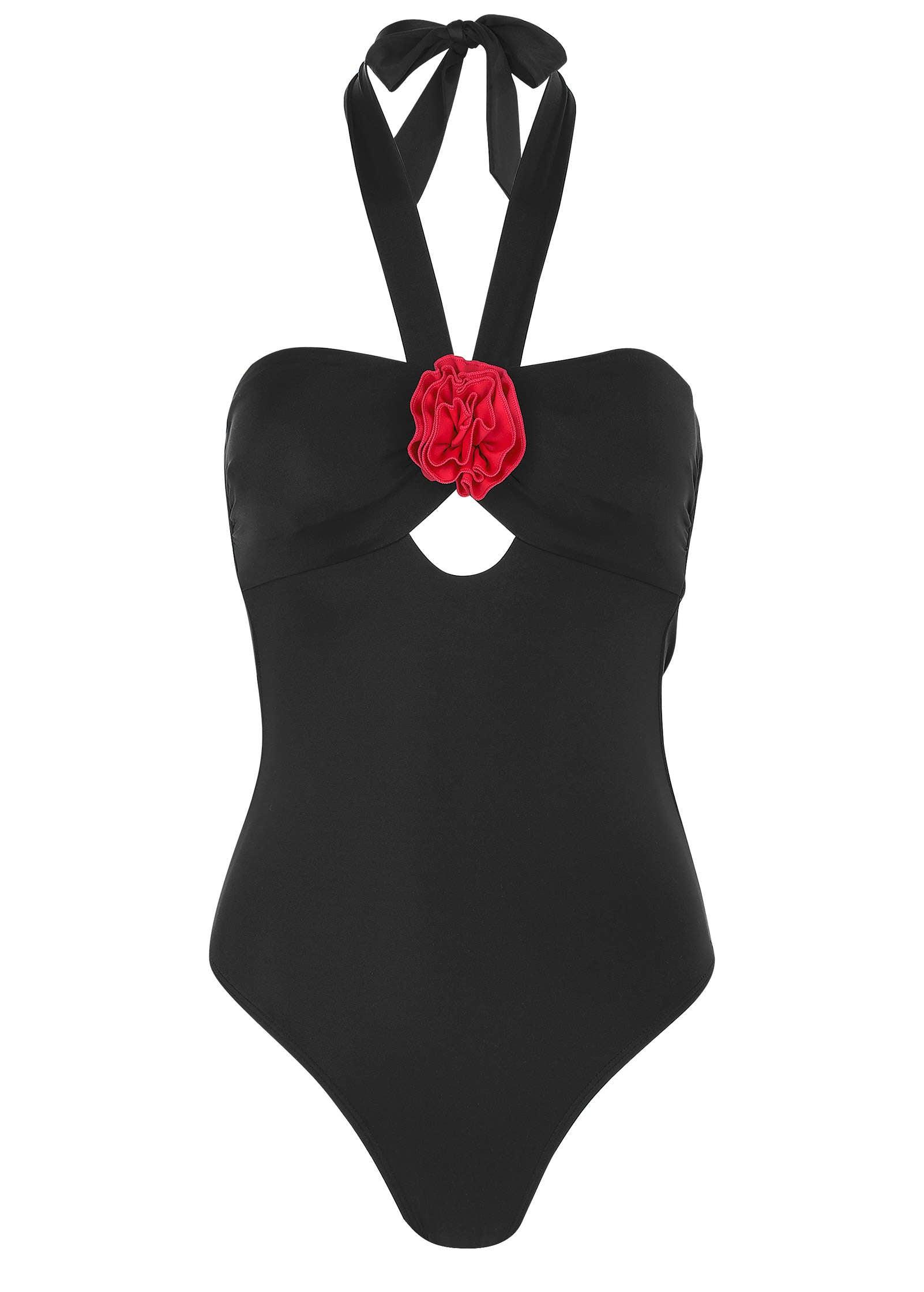 Rosette Halter One-Piece - Black & Red Product Image