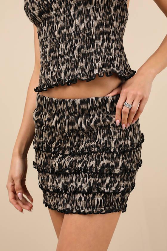 Amahle Beige Leopard Print Smocked Mid-Rise Micro Mini Skirt Product Image