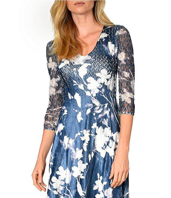 Komarov V-Neck Sheer Hem 3/4 Sleeve Midnight Vine Floral Print Charmeuse Midi Dress Product Image