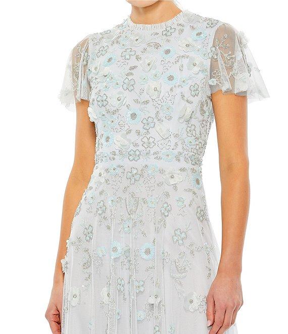 Mac Duggal Beaded Crew Neck Short Sleeve A-Line Midi Dress Product Image