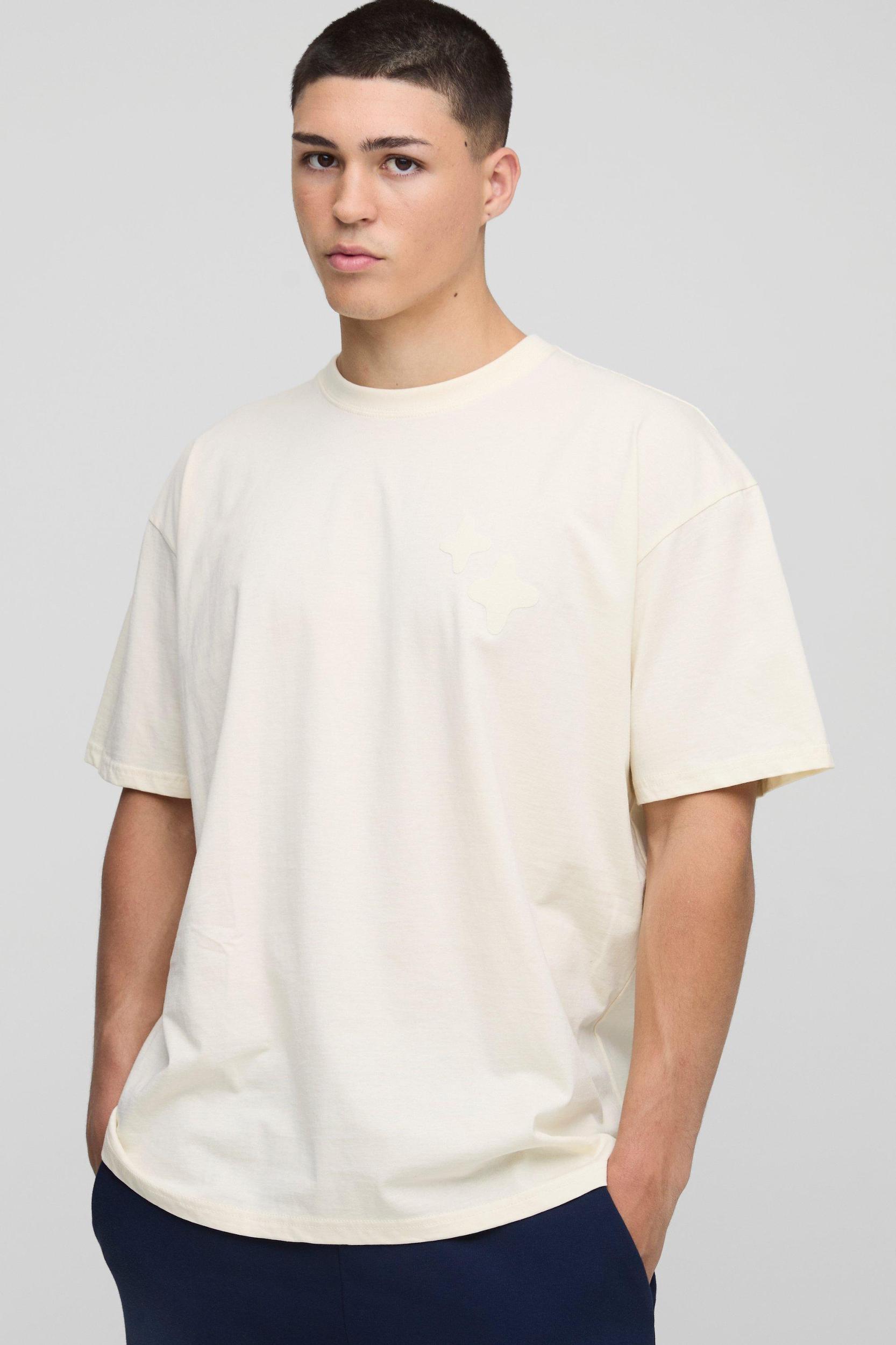 Ecru Oversized Puff Print Planet Space Graphic T Shirt | boohooMAN USA Product Image