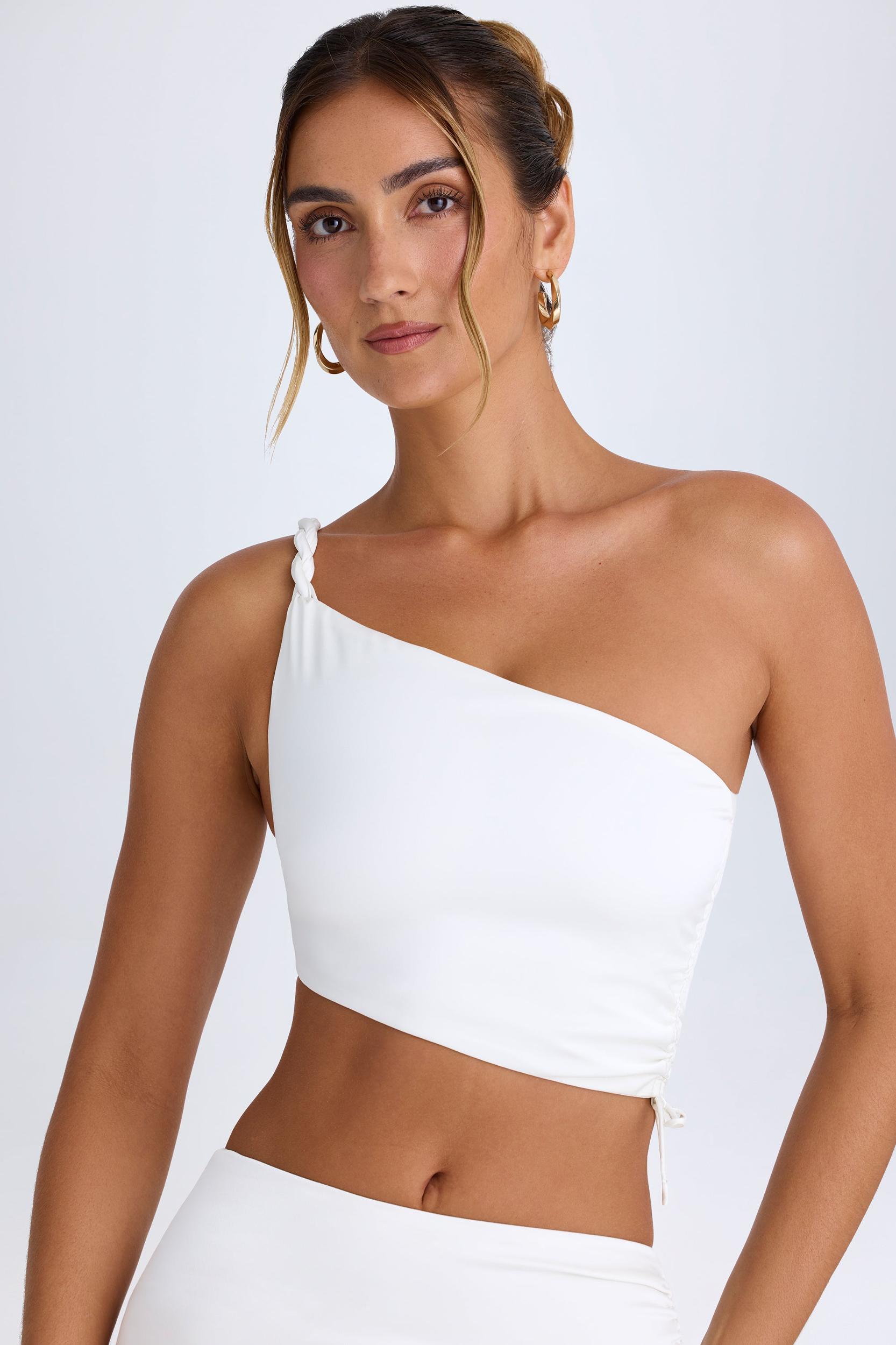 Ruched Asymmetric Crop Top in White Product Image