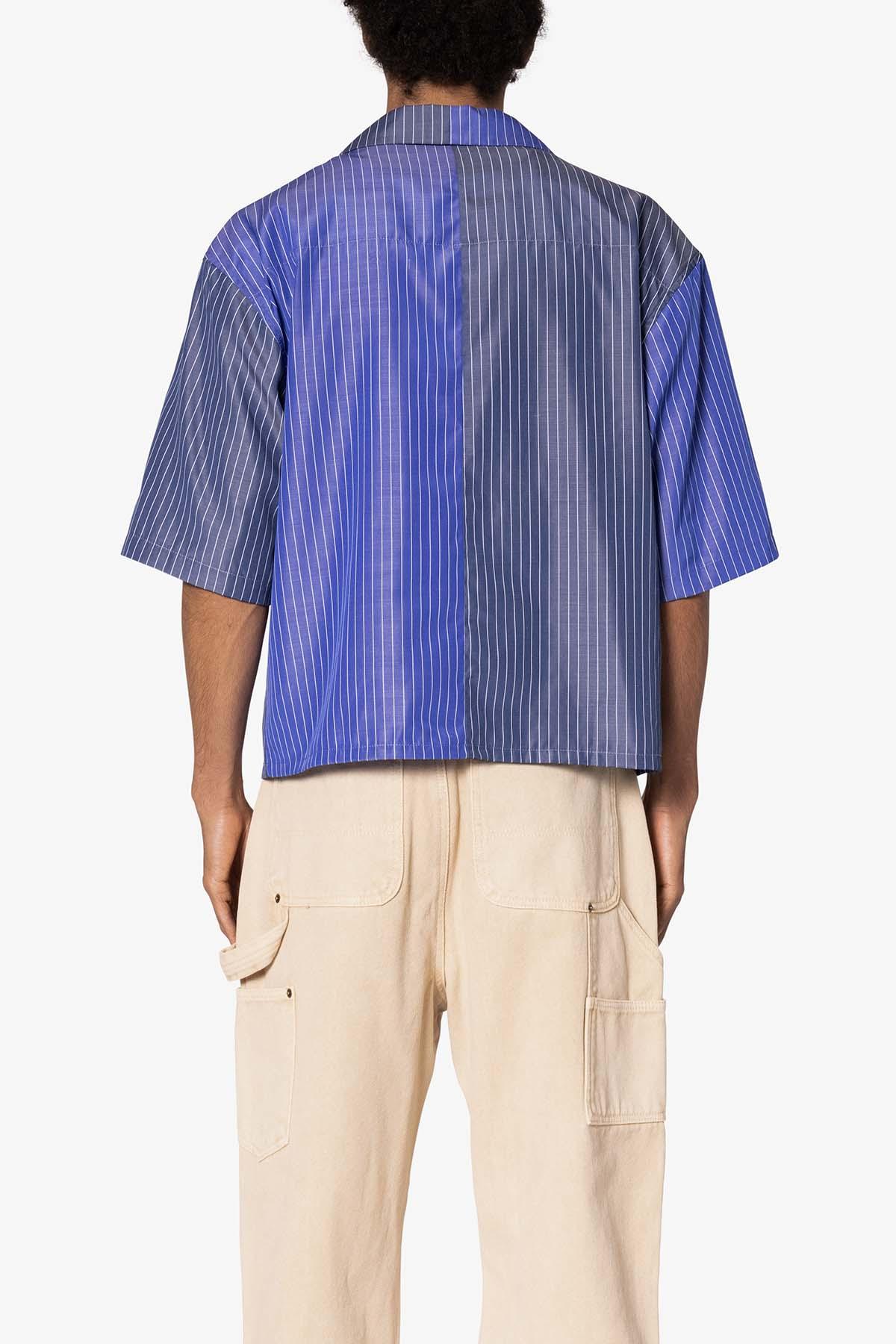Cropped Panel Stripe Short Sleeve Shirt - Blue Product Image