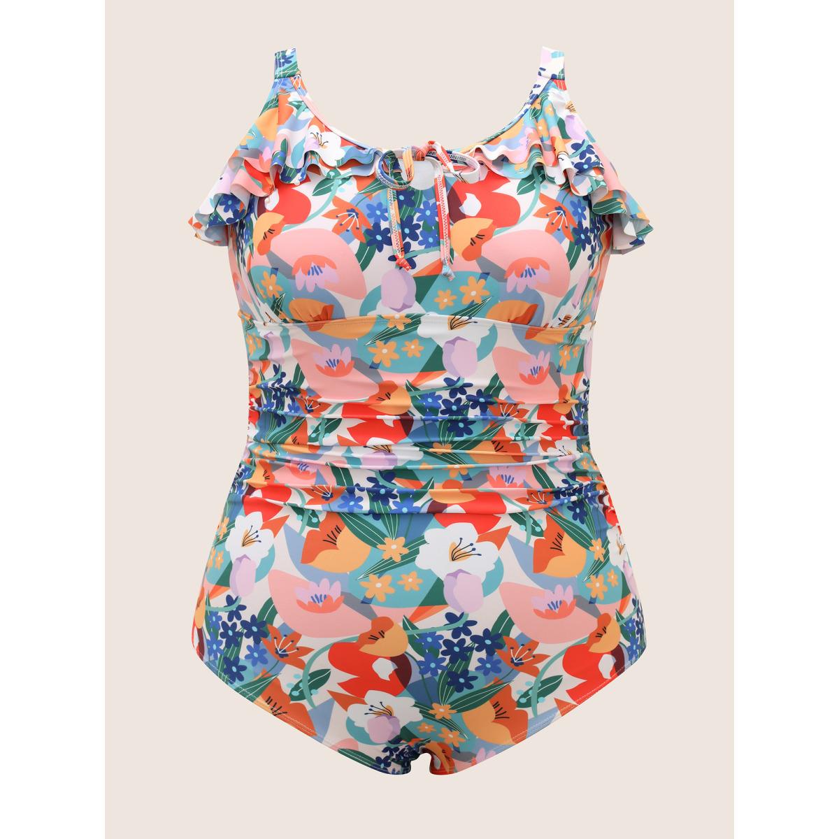 Plus Size Floral Tie Knot Ruffle Trim One Piece Swimsuit Women's Swimwear Multicolor Beach Tie knot Curve Bathing Suits High stretch One Pieces BloomChic 18-20/2X Product Image